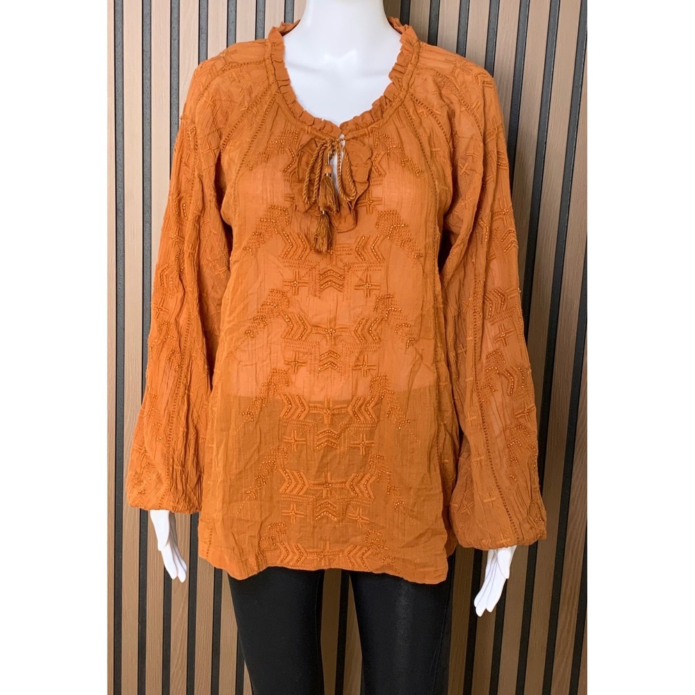 Shyanne Rust Orange Embroidered 100% Cotton Peasant Blouse Western Boho M